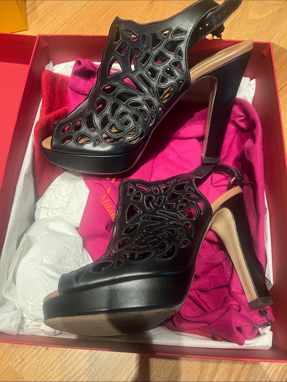 Valentino Garavani Black Laser-Cut Peep Toe Slingback Heels